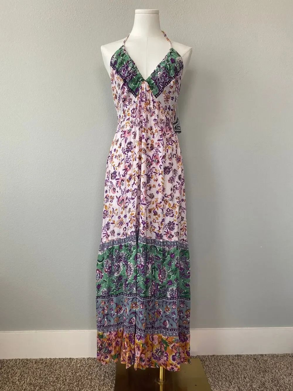 NWT Angie L Floral Halter Smocked Back Boho Maxi Dress Fairy Festival Boho